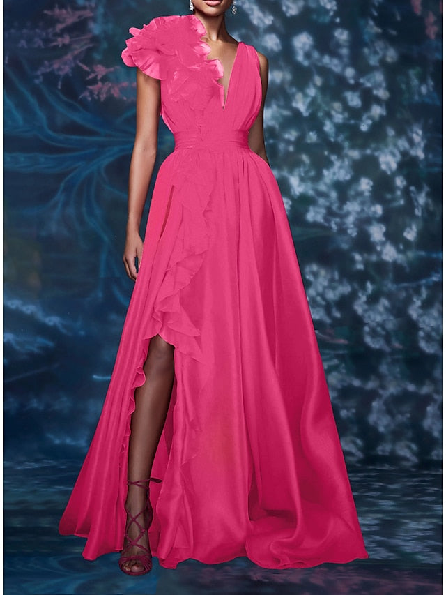 A-Line/Princess V Neck Sleeveless Floor-length Long Formal Evening Floar Dresses with Split Side