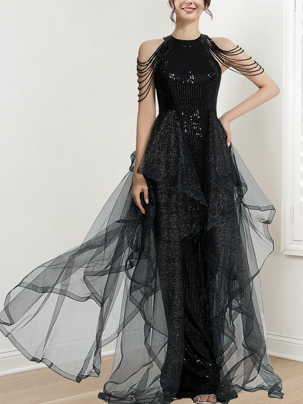 A-Line/Princess Halter Long Prom Dresses With Ruffles & Sequins