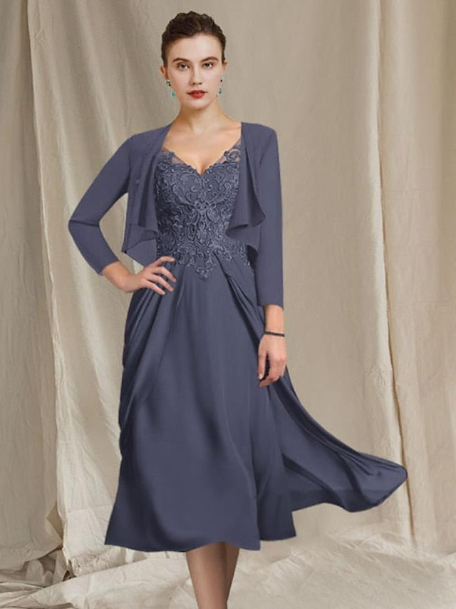 Mother of the Bride Dresses 2026 Elegant Women's A-Line V-Neck Tea-Length Lace Wedding Party Formal Guest Evening Gowns, Stormy