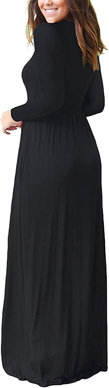 Women Long Sleeve Loose Plain Maxi Dresses with Pockets - Mondressy Women Long Sleeve Loose Plain Maxi Dresses with Pockets - Mondressy