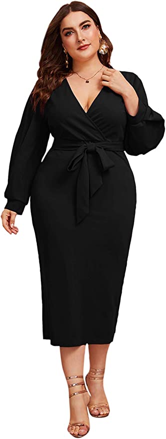 Women's Plus Size V Neck Lantern Sleeve Midi Belted Bodycon Dress