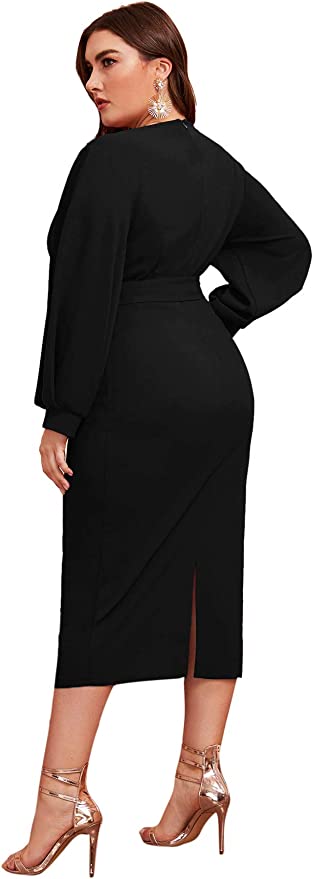 Women's Plus Size V Neck Lantern Sleeve Midi Belted Bodycon Dress