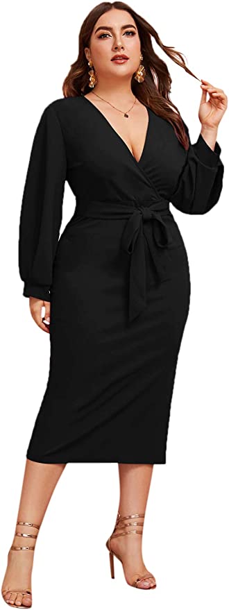 Women's Plus Size V Neck Lantern Sleeve Midi Belted Bodycon Dress