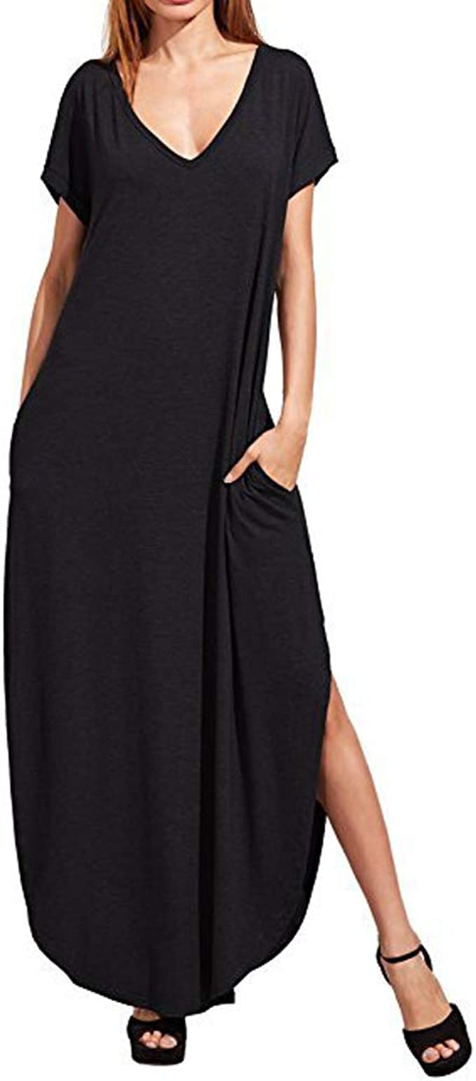 Women V-Neck Long Sleeve Plain Irregular Pockets Long Dress