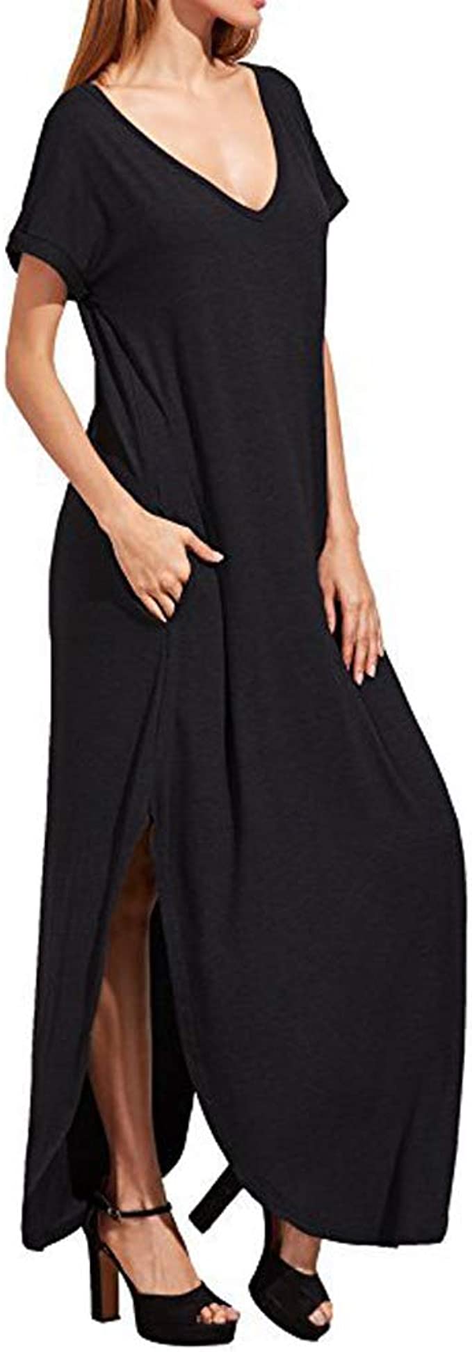 Women V-Neck Long Sleeve Plain Irregular Pockets Long Dress