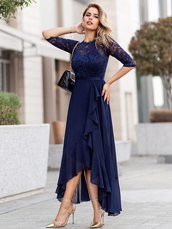 Women's Elegant Floral Lace Ruffle Bridesmaid Maxi Dress - Mondressy Women's Elegant Floral Lace Ruffle Bridesmaid Maxi Dress - Mondressy