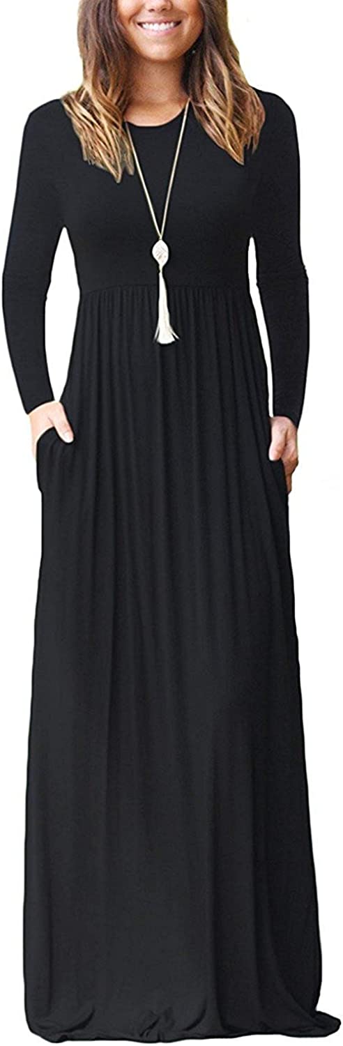 Women Long Sleeve Loose Plain Maxi Dresses with Pockets, Small