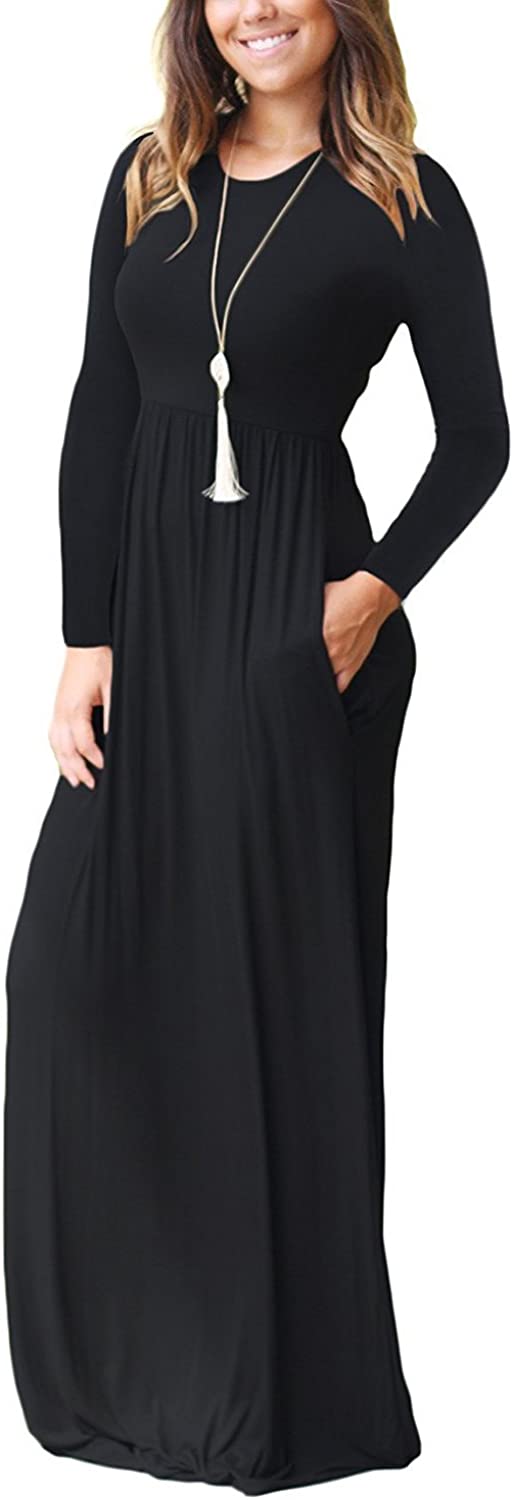 Women Long Sleeve Loose Plain Maxi Dresses with Pockets, Small Women Long Sleeve Loose Plain Maxi Dresses with Pockets, Small
