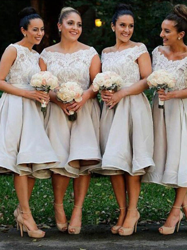 A-Line/Princess Off-the-Shoulder Sleeveless Knee-Length With Lace Satin Bridesmaid Dresses for Women