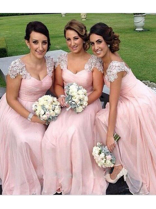 A-Line/Princess Sweetheart Sleeveless Long With Beading Appique Chiffon Bridesmaid Dresses for Women