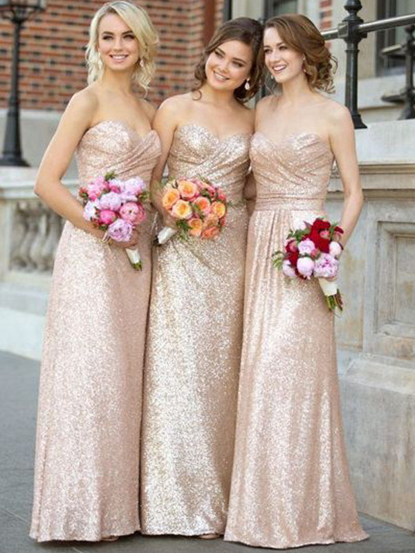 A-Line/Princess Sweetheart Sleeveless Long With Ruched Sequins Bridesmaid Dresses 2024 for Women