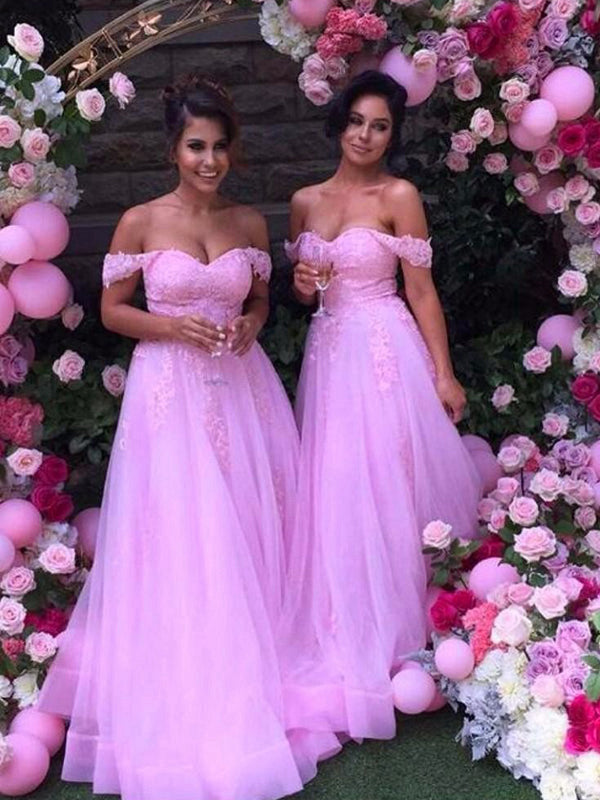 A-Line/Princess Off-the-Shoulder Sleeveless Long With Applique Tulle Bridesmaid Dresses for Women