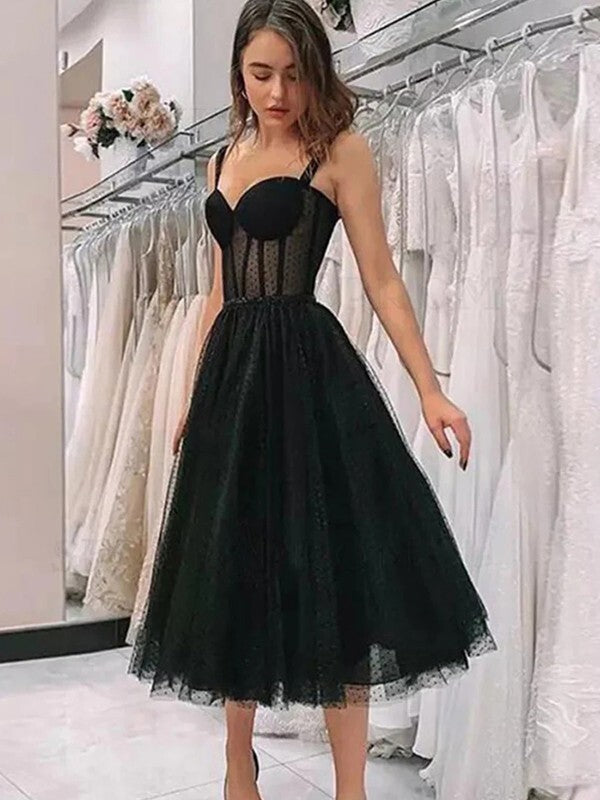 Prom Dresses Black 2026 Black Elegant A-Line Sweetheart Tulle Tea-Length Cocktail Homecoming Party Dress Ball Gowns Black