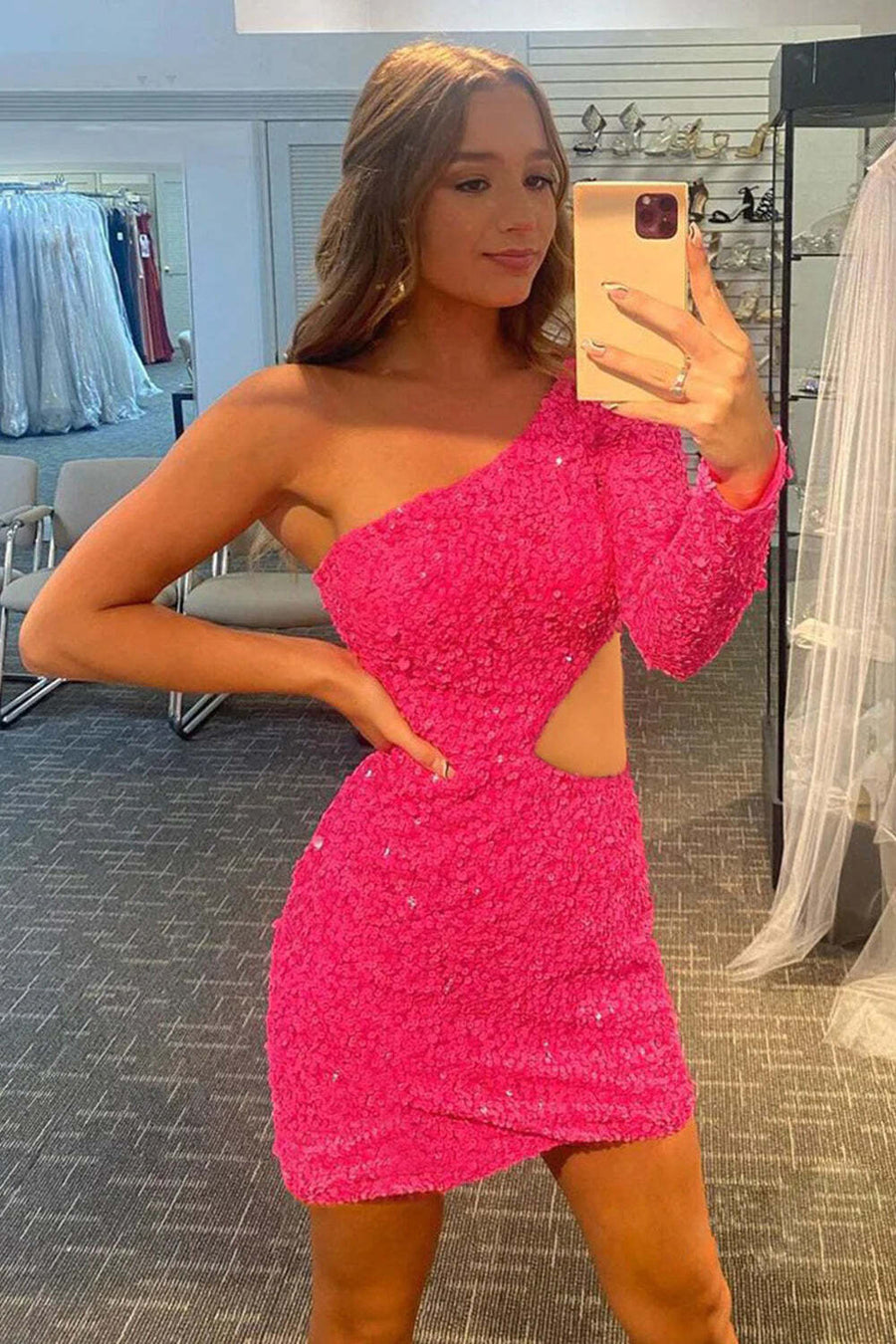 Sheath/Column Waist Cut Out One-Shoulder Long Sleeves Sequins Homecoming Dresses