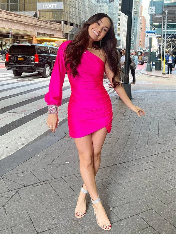 Sheath/Column One-Shoulder Long Sleeves Ruched Homecoming Dresses with - Mondressy Sheath/Column One-Shoulder Long Sleeves Ruched Homecoming Dresses with - Mondressy
