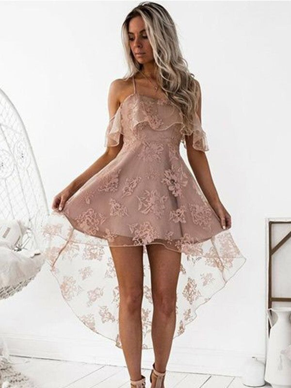 A-Line Off-the-Shoulder Sleeveless Lace Homecoming Dresses