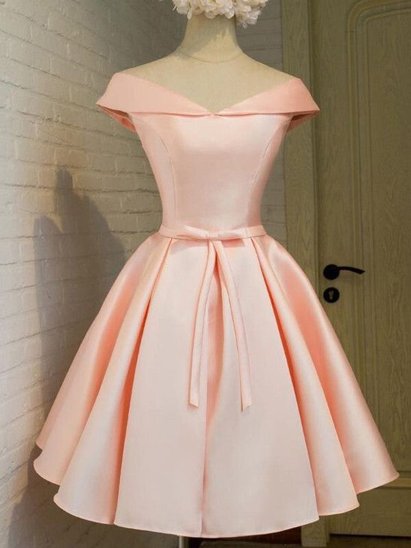 A-Line Off-the-Shoulder Sleeveless Satin Homecoming Dresses with Sash/Ribbon/Belt