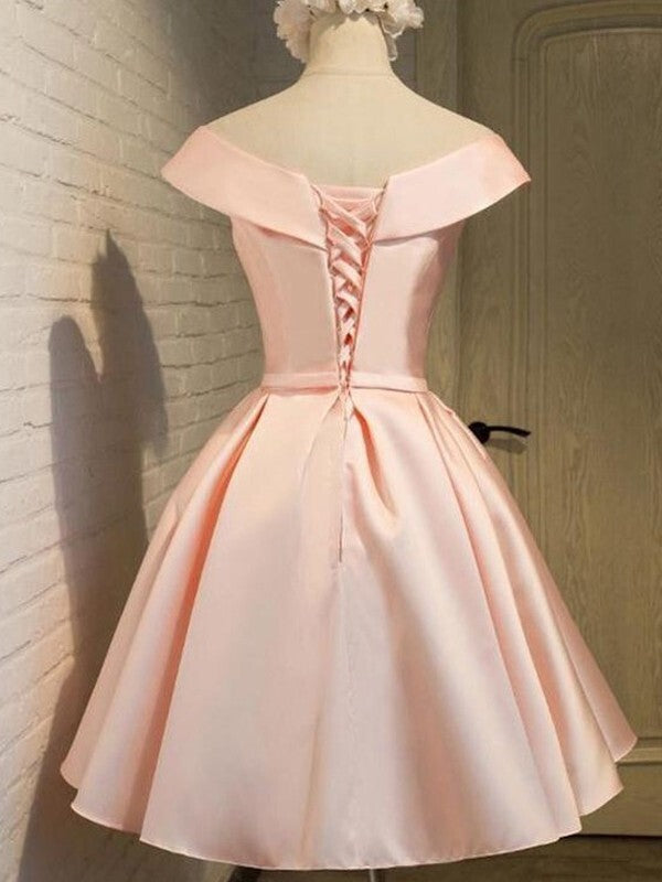A-Line Off-the-Shoulder Sleeveless Satin Homecoming Dresses with Sash/Ribbon/Belt A-Line Off-the-Shoulder Sleeveless Satin Homecoming Dresses with Sash/Ribbon/Belt