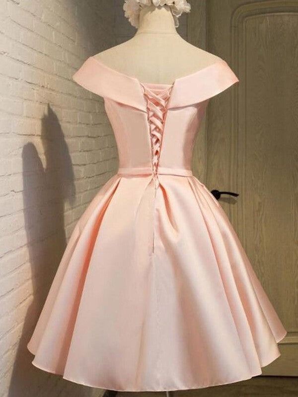 A-Line Off-the-Shoulder Sleeveless Satin Homecoming Dresses with Sash/Ribbon/Belt