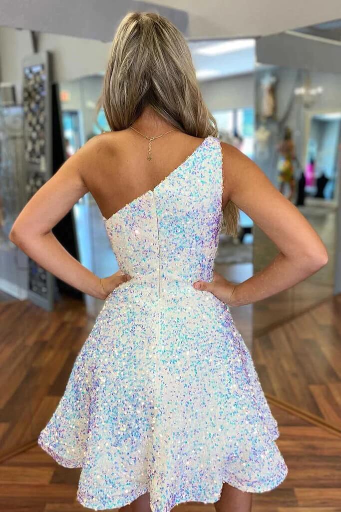 Sparkly Sequins Prom Dresses 2026 White Women's A-Line One-Shoulder Sleeveless Sequins Ruffles Homecoming Dresses Sparkly Sequins Prom Dresses 2026 White Women's A-Line One-Shoulder Sleeveless Sequins Ruffles Homecoming Dresses