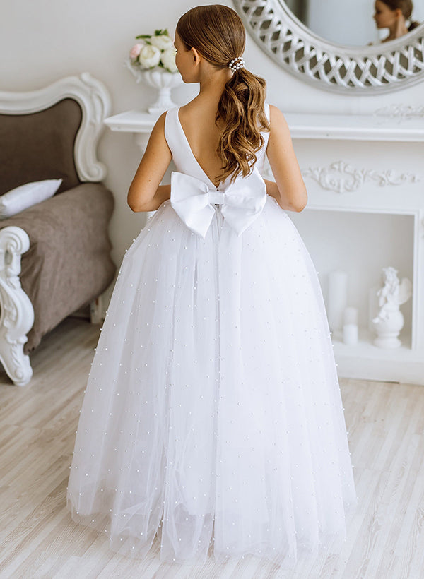 A-Line/Princess Girl Dresses with Bowknot & Beading, White