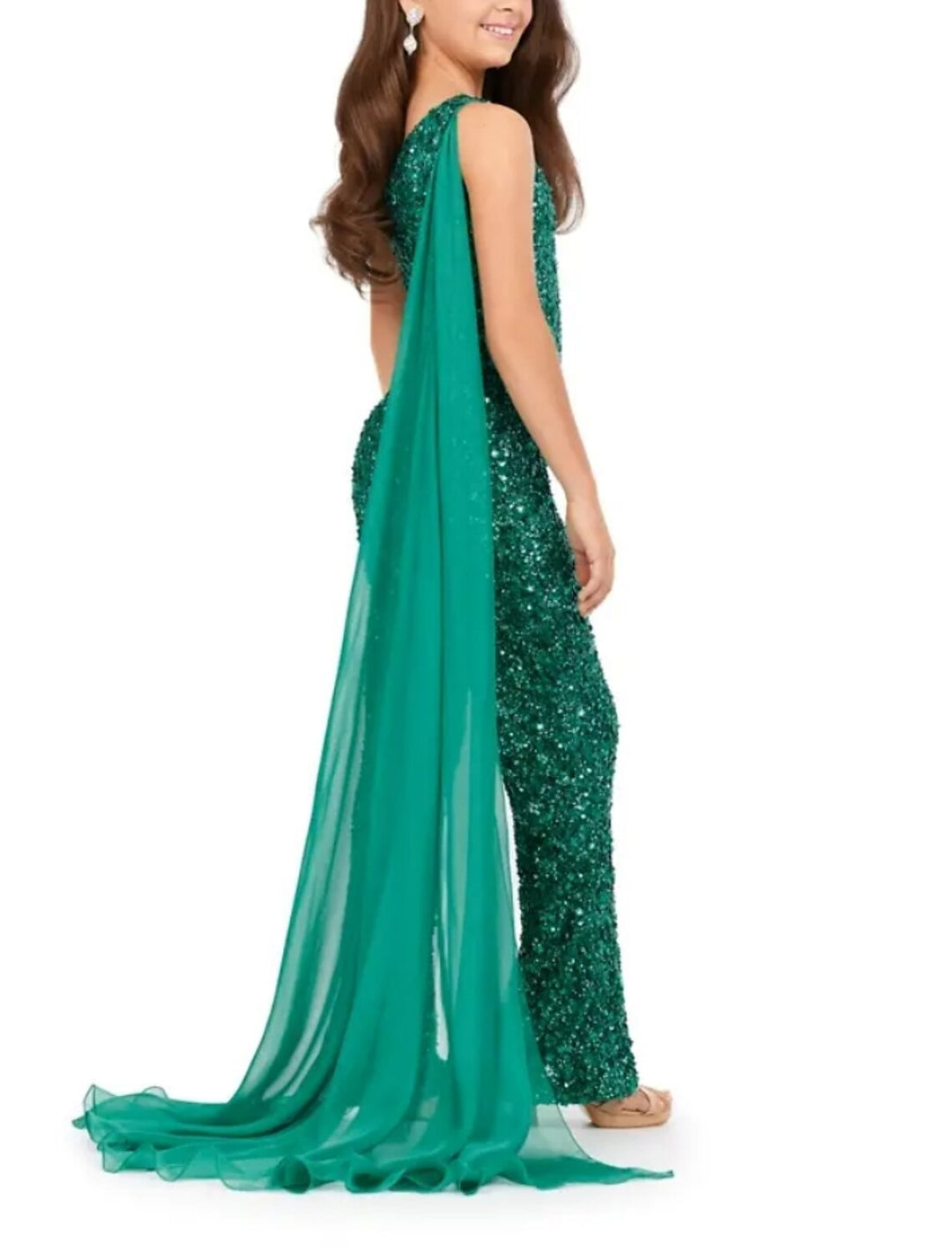One-Shoulder Sleeveless Girls Jumpsuits with Sequins & Watteau Train