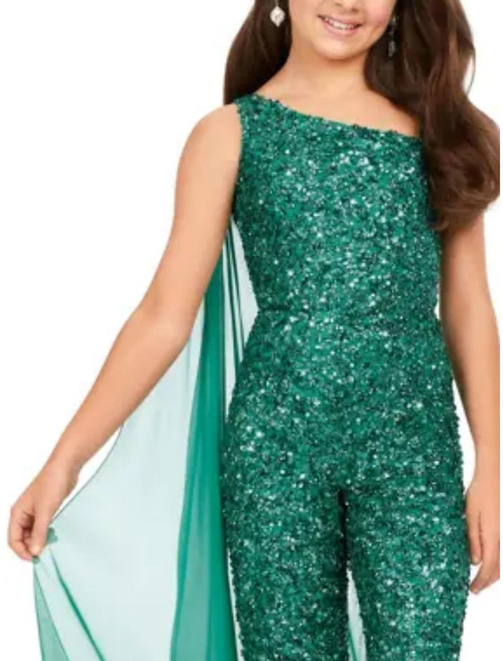One-Shoulder Sleeveless Girls Jumpsuits with Sequins & Watteau Train