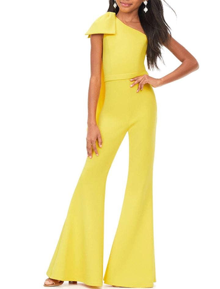 One-Shoulder Girls Prom Jumpsuits with Bowknot
