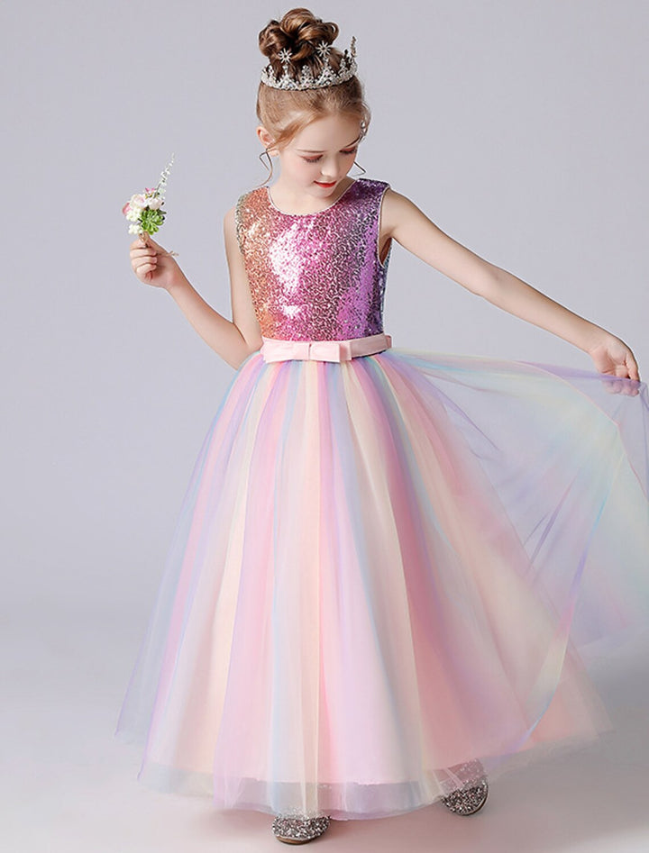 A-Line/Princess Rainbow Unicorn Flower Girl Dresses with Sequins & Belt