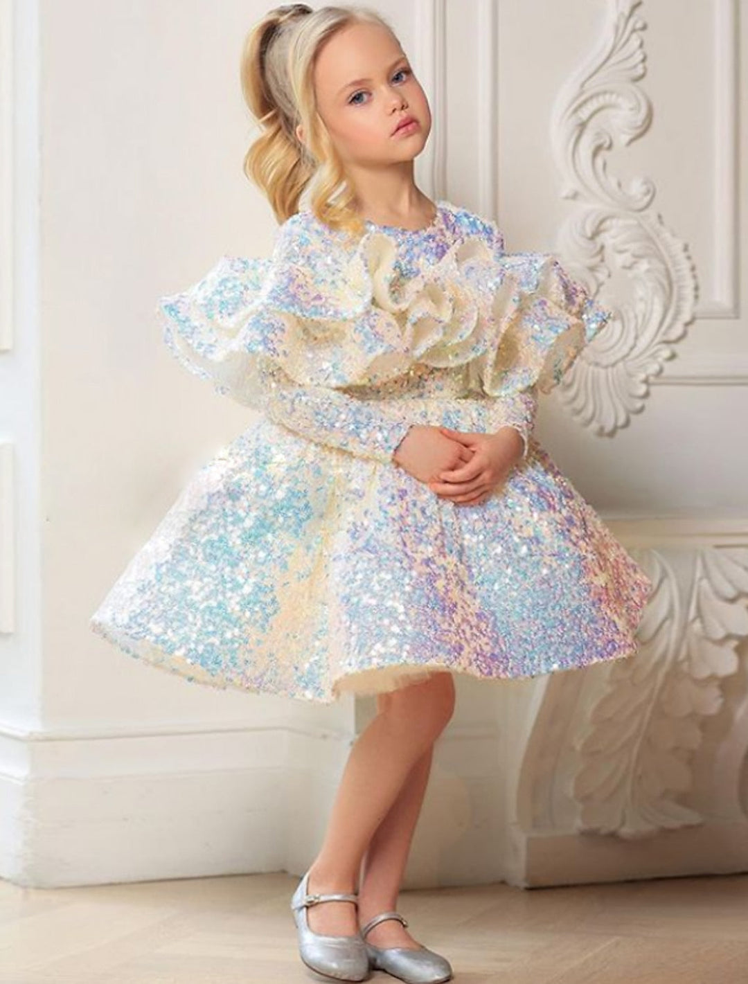 Ball Gown Princess Long Sleeves Sequins Little Girl Dresses with Ruffles