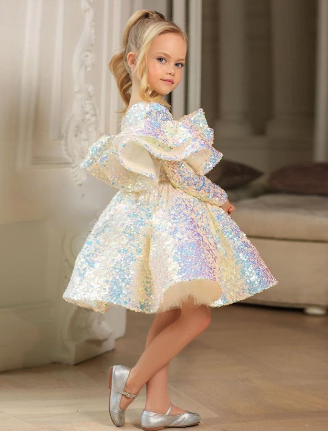 Ball Gown Princess Long Sleeves Sequins Little Girl Dresses with Ruffles