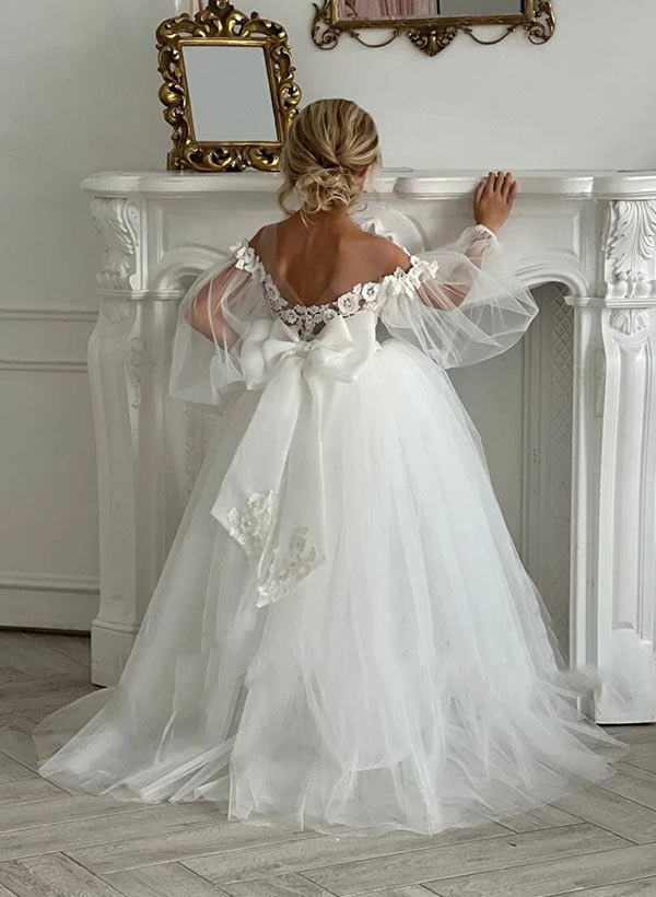 off the shoulder communion dress A-Line/Princess Off-the-Shoulder Tulle Flower Girl Dresses with Applique & Bowknot, White