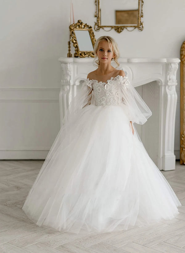 A-Line/Princess Off-The-Shoulder Tulle Flower Girl Dresses with Applique & Bowknot, White A-Line/Princess Off-The-Shoulder Tulle Flower Girl Dresses with Applique & Bowknot, White