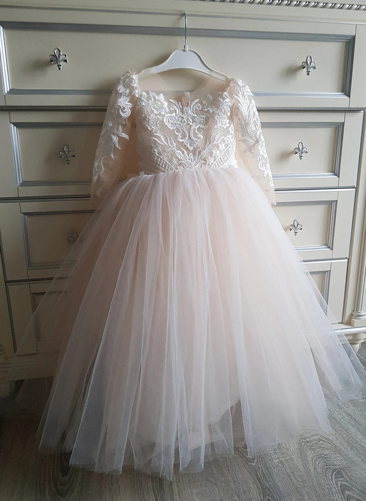 A-Line/Princess Sheer Neck Tulle Flower Girl Dresses with Applique & Bowknot