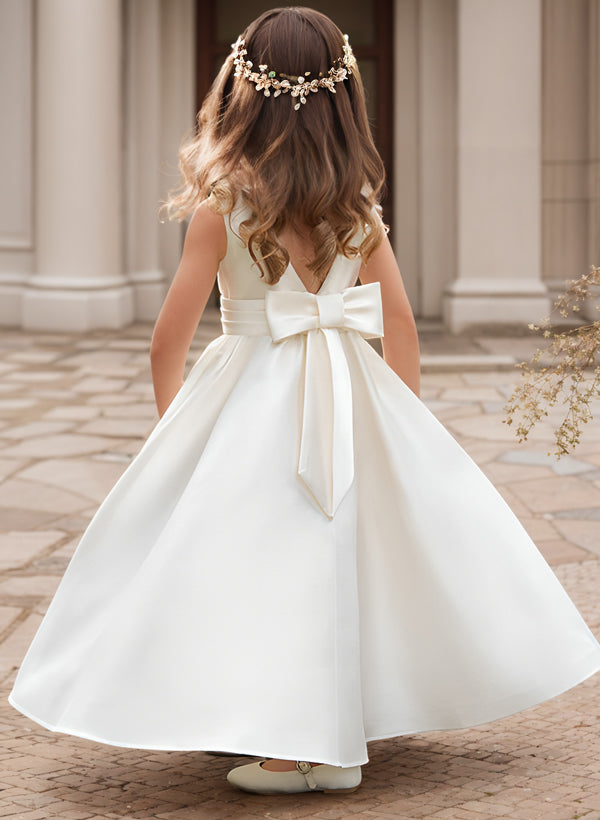 A-Line/Princess Satin Flower Girl Dresses with Bowknot - Mondressy