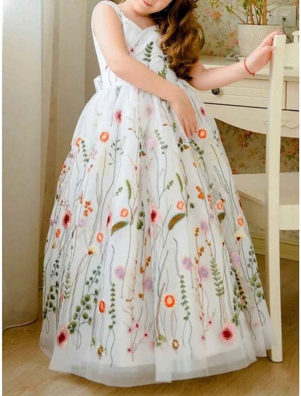 A-Line/Princess V-Neck Tulle Little Girl Dresses with Embroidery & Bowknot