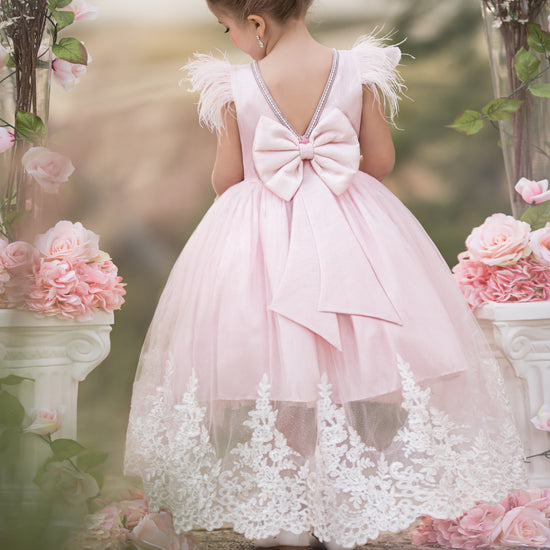Ball Gown Asymmetrical High Low Flower Girl Dresses with Applique & Feather