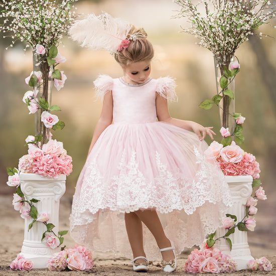 Ball Gown Asymmetrical High Low Flower Girl Dresses with Applique & Feather
