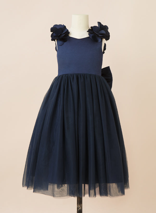 A-Line/Princess Scoop Flower Girl Dresses With Bow, Dark Navy