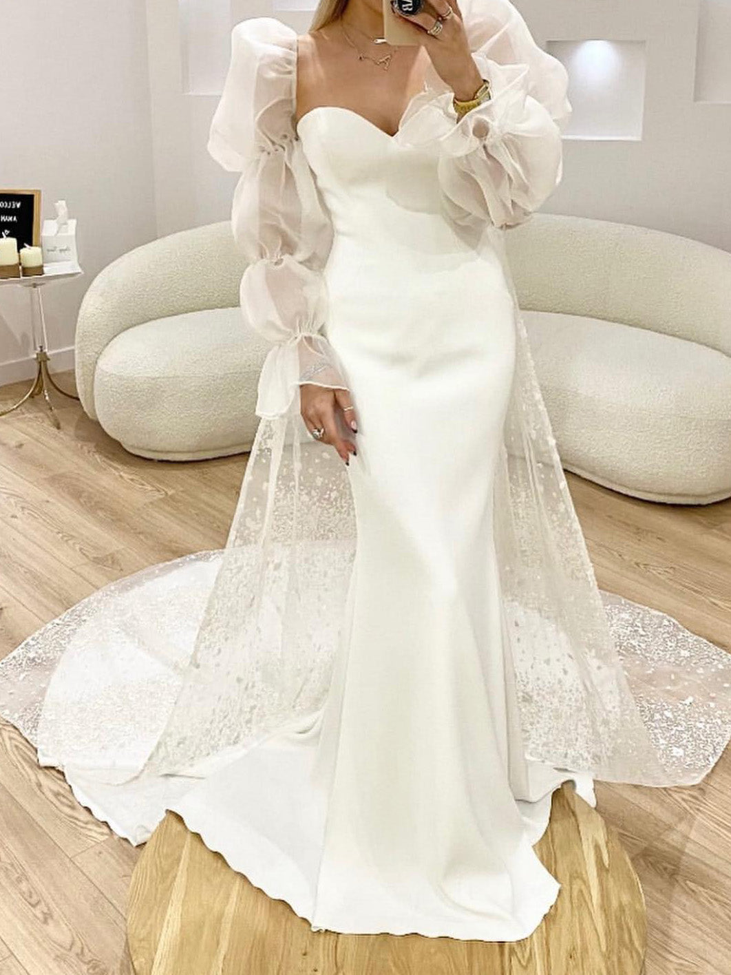 Bridal Gowns 2026 Ivory Sparkly Tulle Mermaid/Trumpet Sweetheart Long Sleeves Floor-Length Elegant Formal Wedding Dresses with, Ivory Bridal Gowns 2026 Ivory Sparkly Tulle Mermaid/Trumpet Sweetheart Long Sleeves Floor-Length Elegant Formal Wedding Dresses with, Ivory