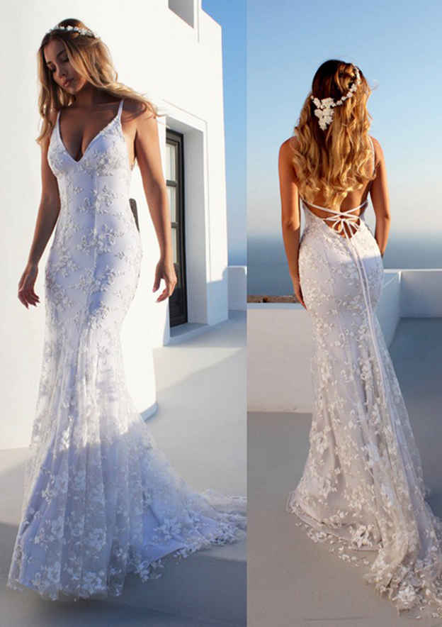 Trumpet/Mermaid Spaghetti Straps Floor-length Lace Wedding Dress