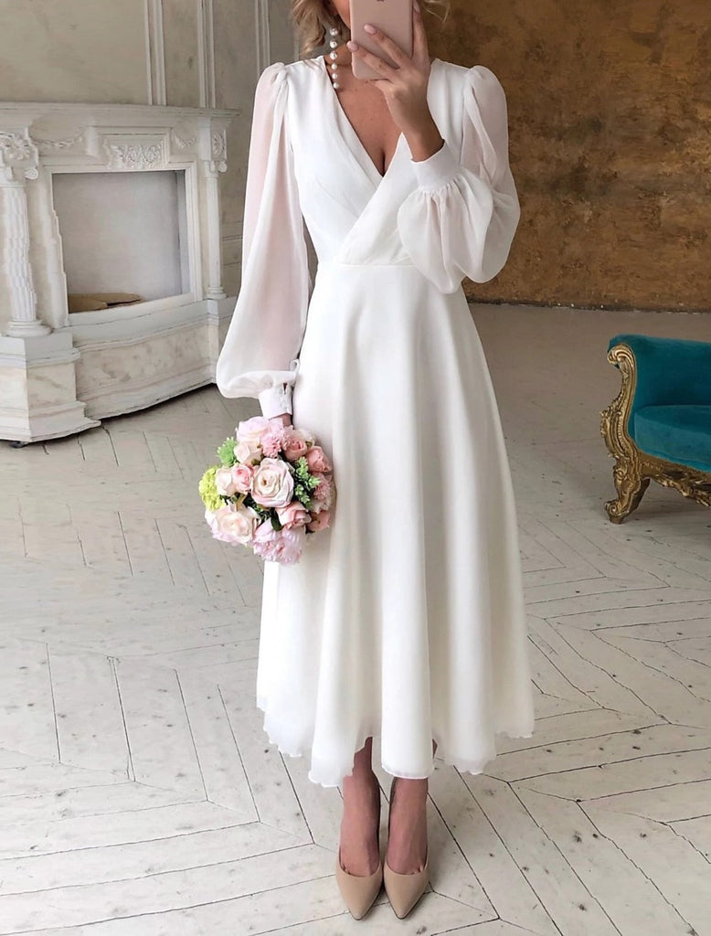 Chiffon Bridal Dresses 2026 Women's White A-Line Deep V-Neck Long Sleeves Tea-Length Elegant Formal Wedding Gowns, Ivory