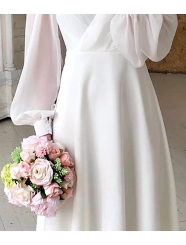 A-Line/Princess V-Neck Tea-length Wedding Dress