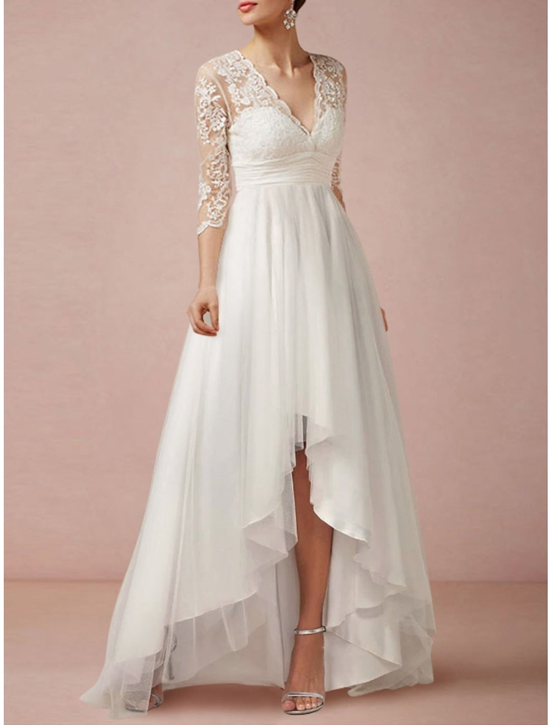 Lace Appliques Wedding Dresses 2026 Elegant Women's A-Line V-Neck 3/4 Sleeves Asymmetrical Tulle Bridal Ball Gowns, Ivory Lace Appliques Wedding Dresses 2026 Elegant Women's A-Line V-Neck 3/4 Sleeves Asymmetrical Tulle Bridal Ball Gowns, Ivory