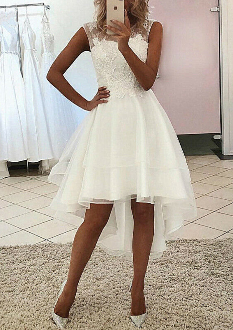 asymmetrical tea length wedding dress Wedding Dresses 2026 Chic Women's A-Line/Princess Scoop Neck Sleeveless Asymmetrical Organza Bridal Ball Gowns with Lace, Ivory