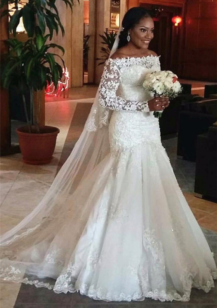 2026 Lace Appliques Wedding Dresses Elegant Women's Mermaid/Trumpet Off-The-Shoulder Long Sleeves Floor-Length Bridal Ball Gowns, Ivory
