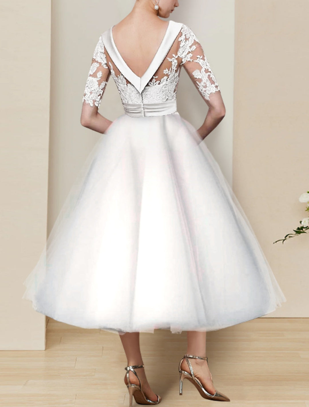 Ball Gown Scoop Tea-length Lace Wedding Dress