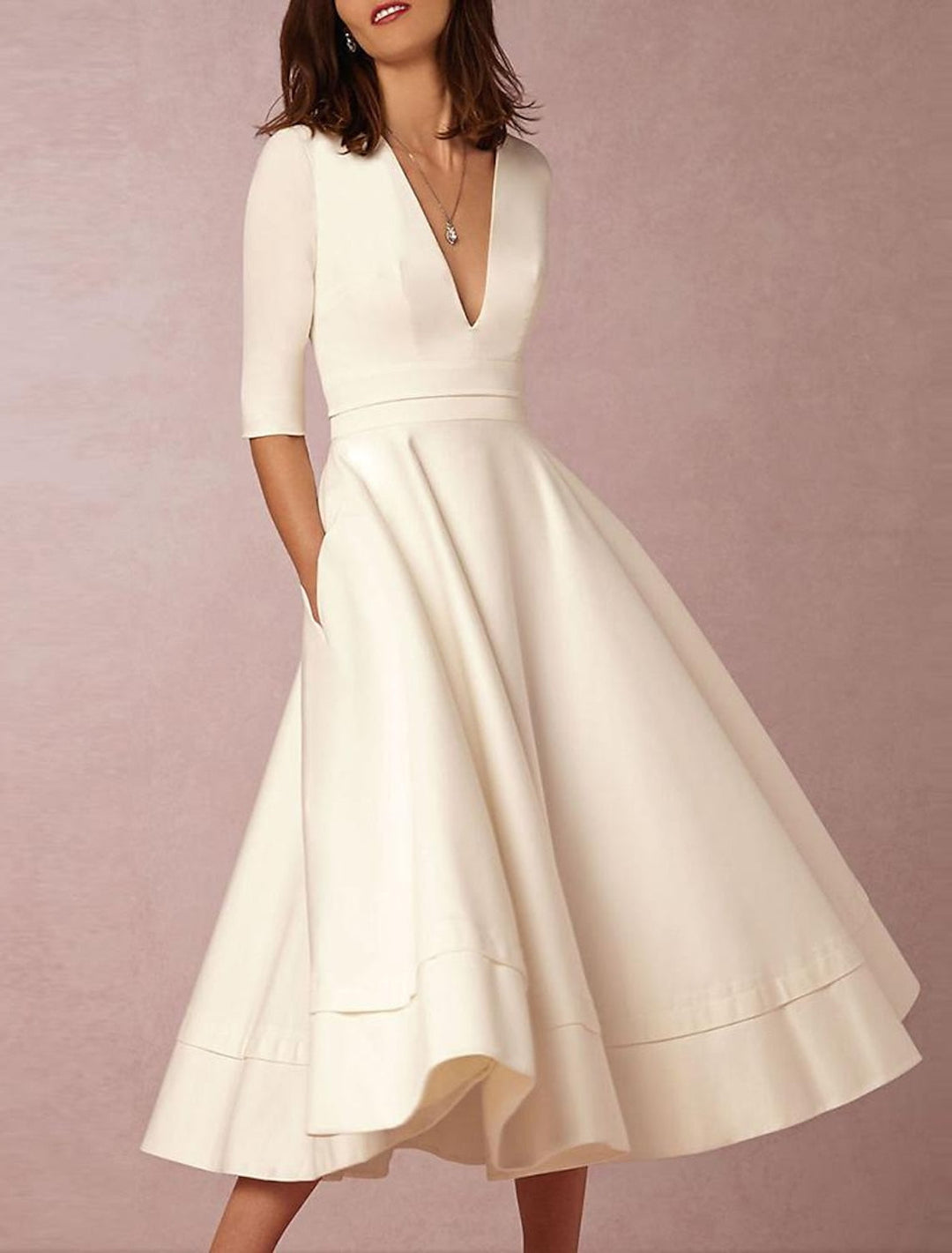 A-Line/Princess V-Neck Tea-length Wedding Dress