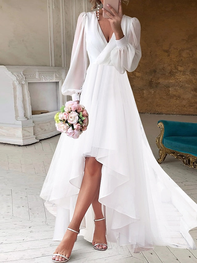 Chiffon Bridal Dresses 2026 Women's White A-Line Deep V-Neck Long Sleeves Asymmetrical Elegant Formal Wedding Gowns, Ivory