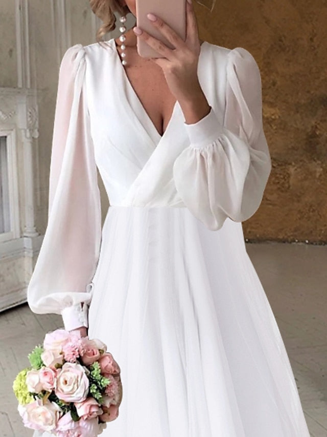 A-Line/Princess V-Neck Asymmetrical Wedding Dress